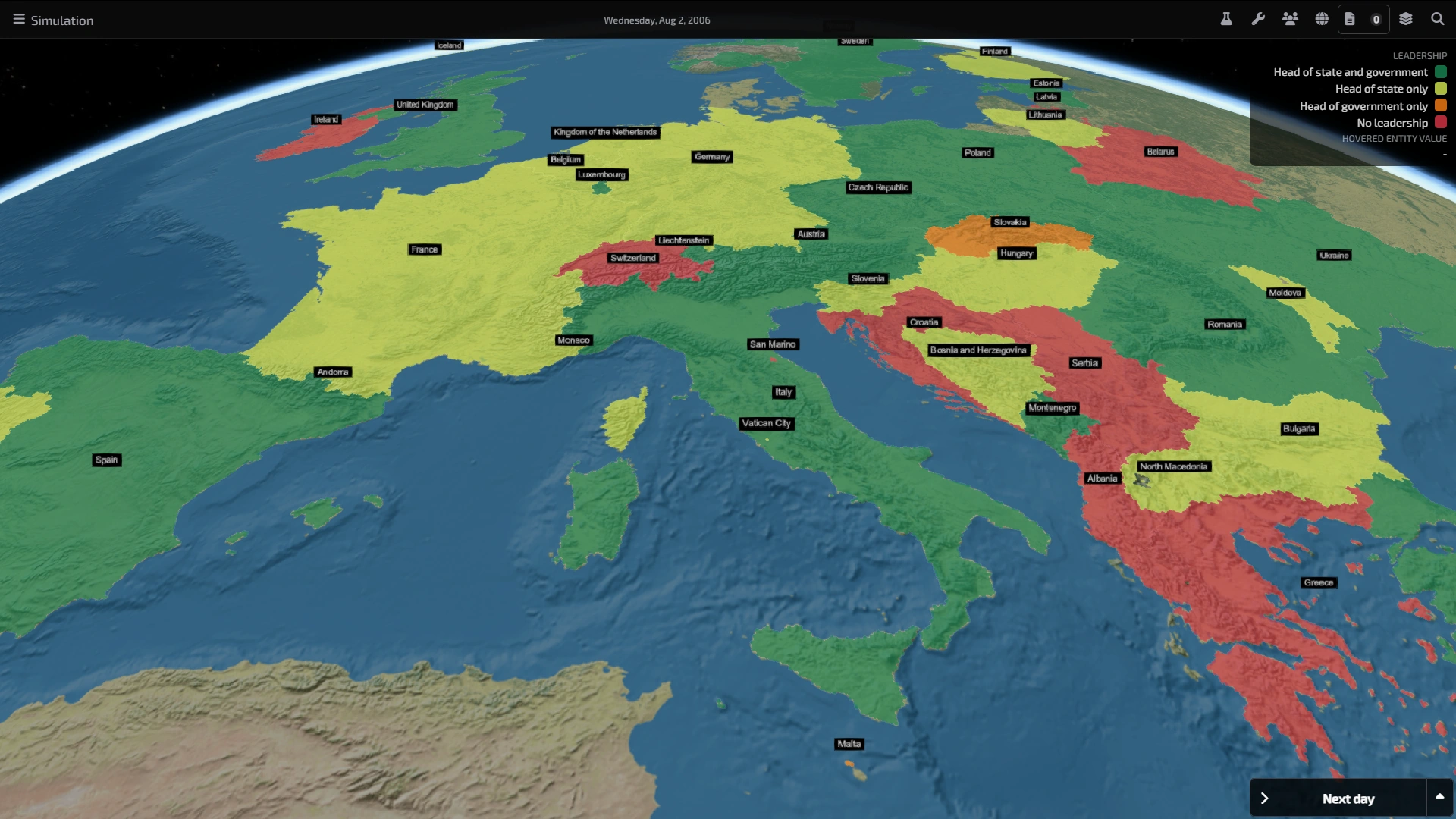 Map with countries colored according to the presence of leaders