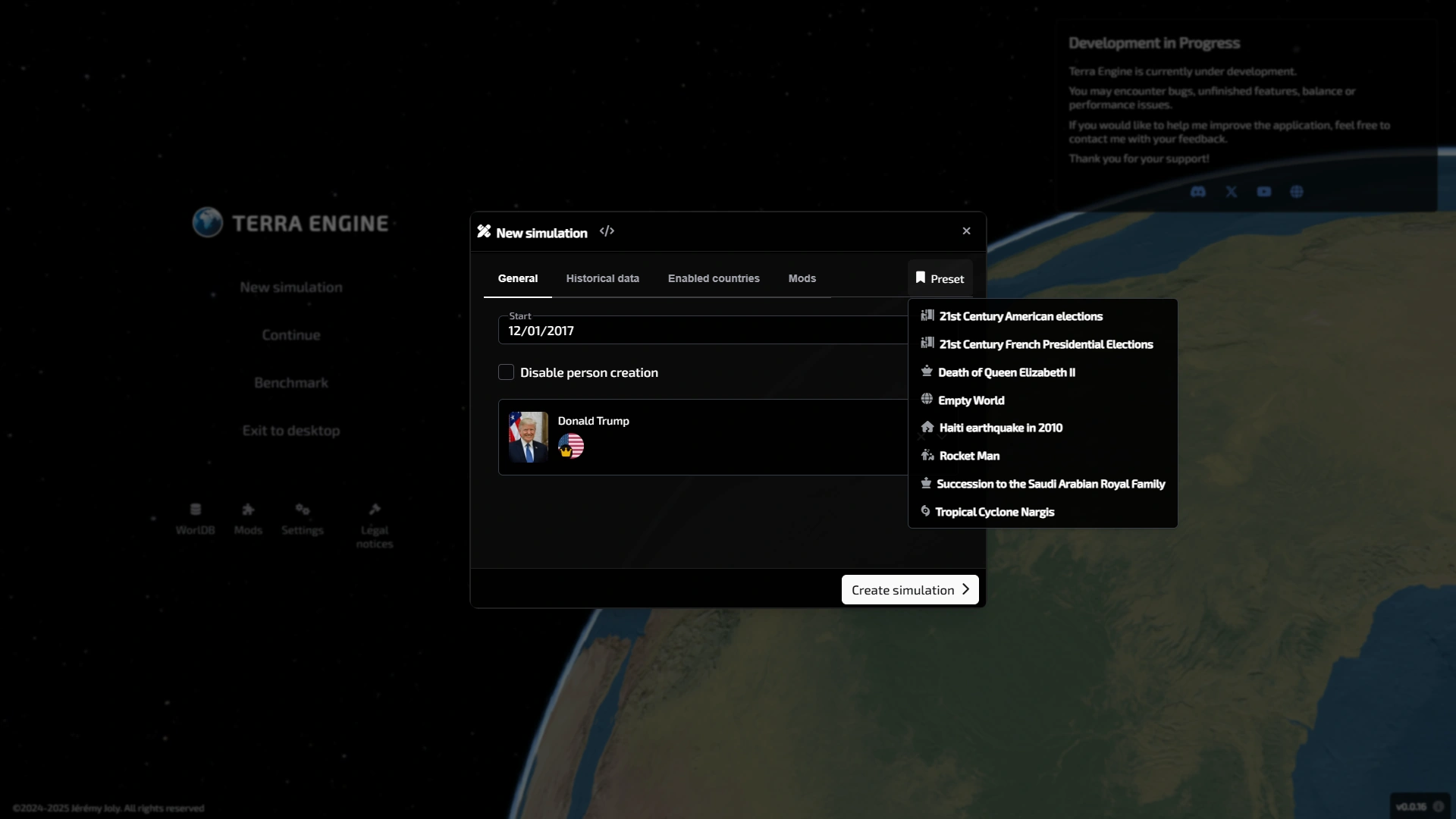 Terra Engine main menu with simulation presets