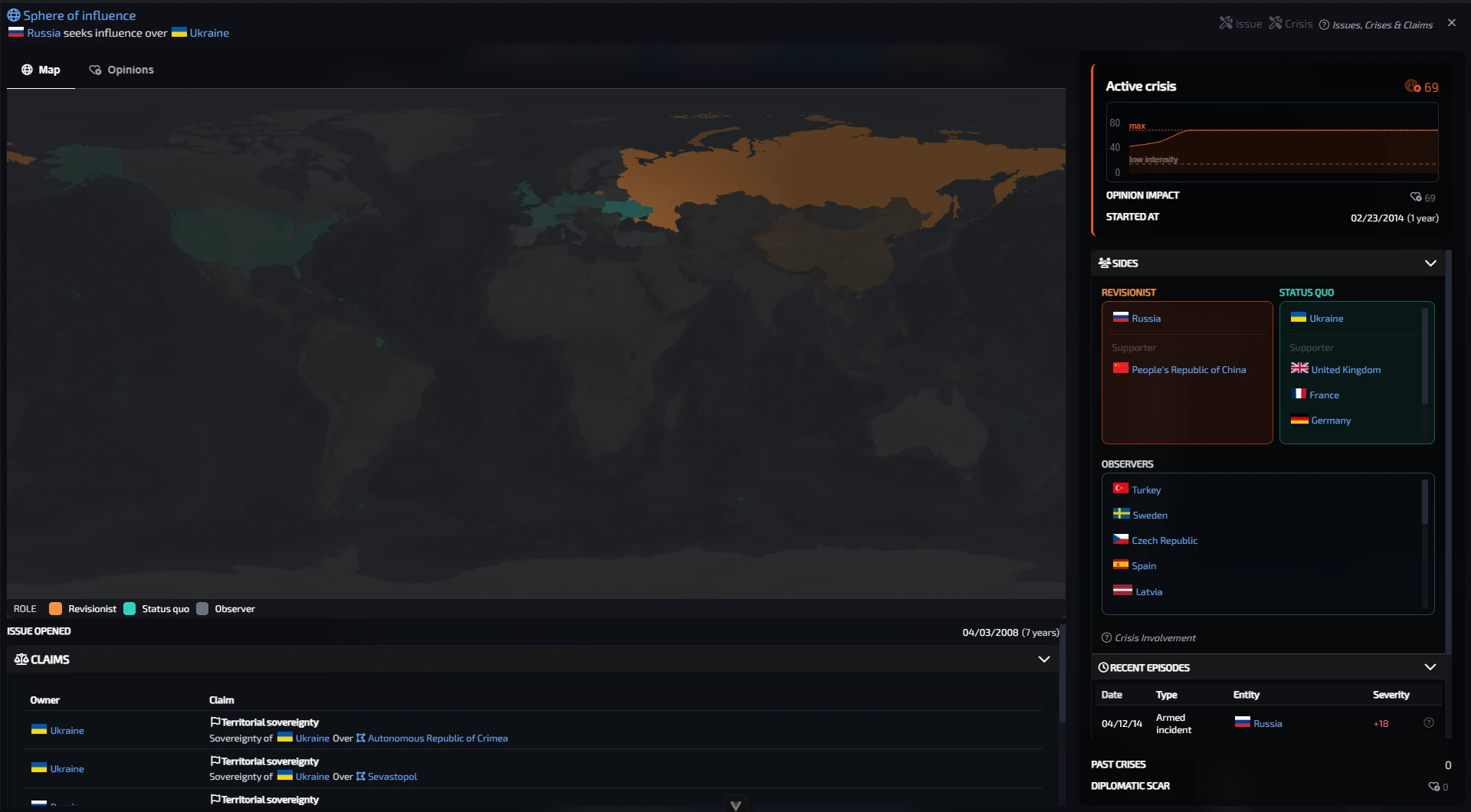 2D world map with a detailed view of an active geopolitical crisis: camps, severity, diplomatic footprint, episodes, and actions