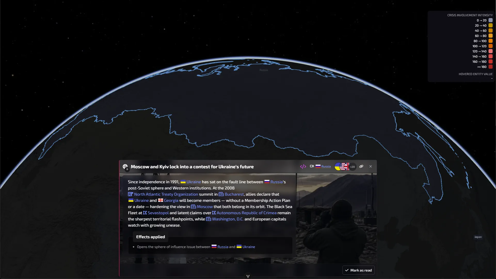 Cinematic view on the globe: the camera focuses on the relevant entity with a narrative card illustrating the event