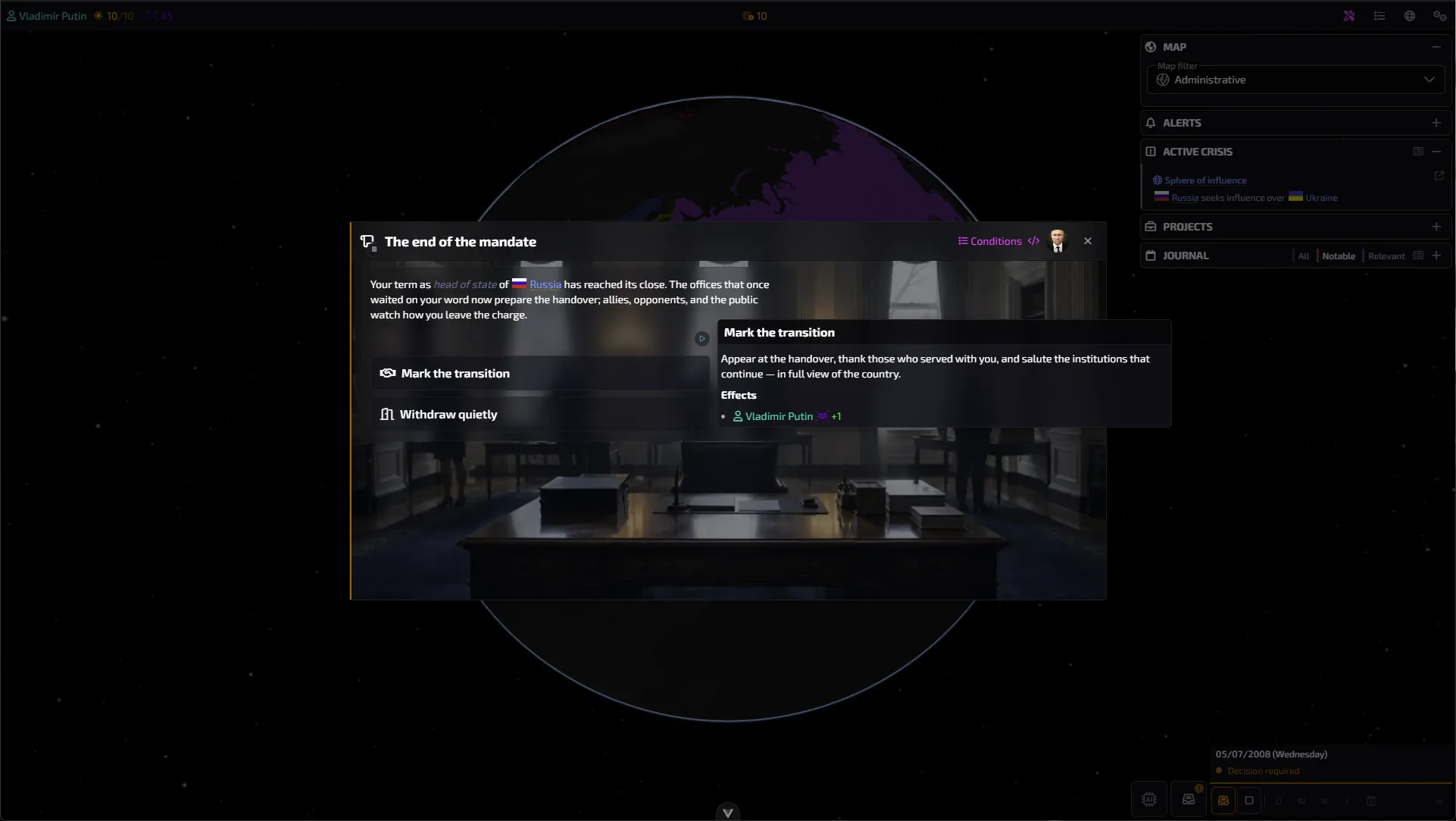 Interactive events presenting decisions to the leader you control, triggered randomly or by certain developments in the world